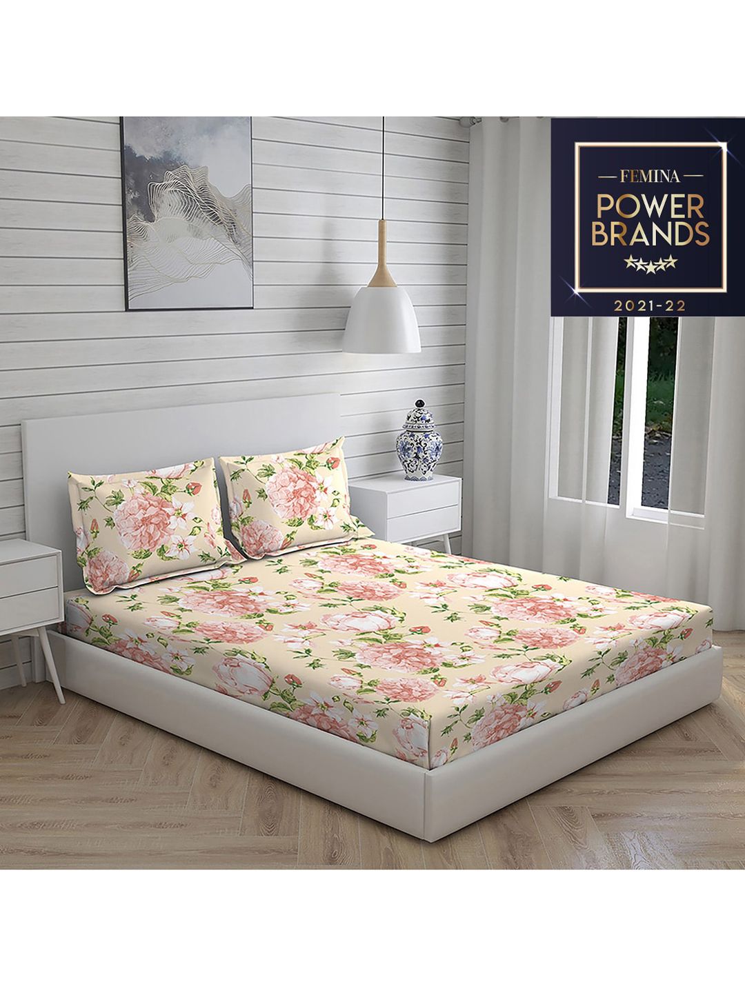 Layers Pink & Green Printed Pure Cotton 104 GSM Double King Bedding Set Price in India