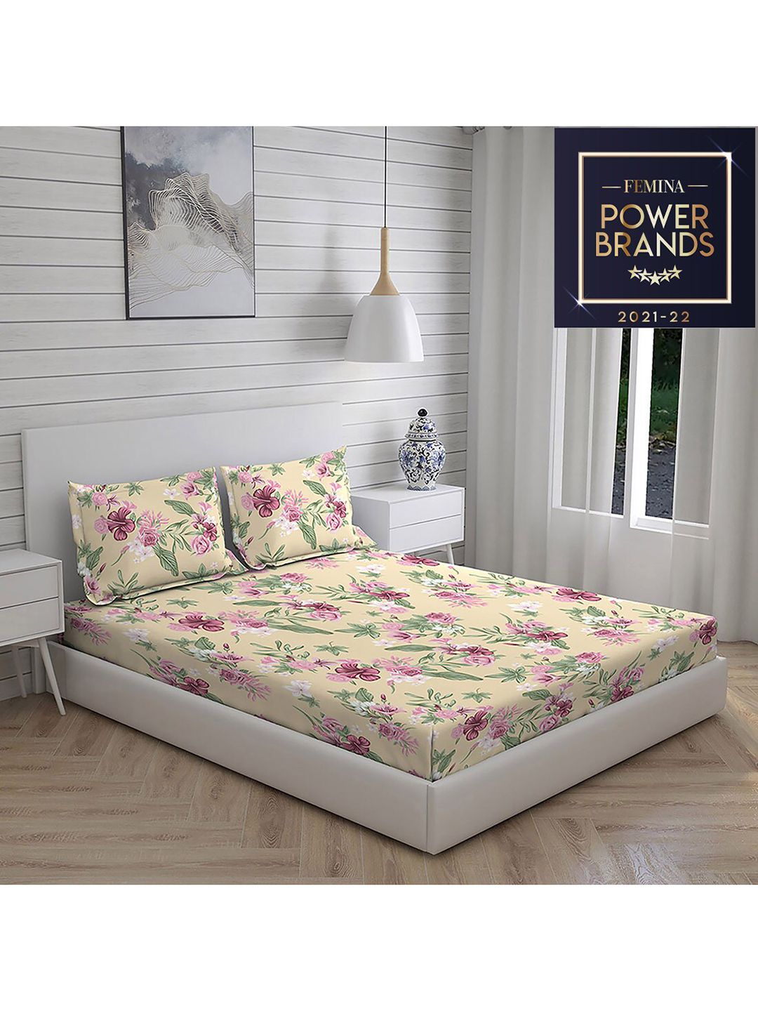 Layers Yellow & Pink Printed Pure Cotton 104 GSM Double Queen Bedding Set Price in India