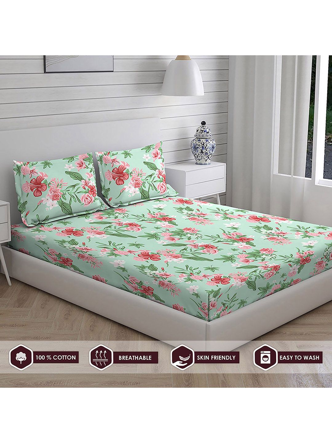 Layers Green & Pink Printed Pure Cotton 104 GSM Double Queen Bedding Set Price in India