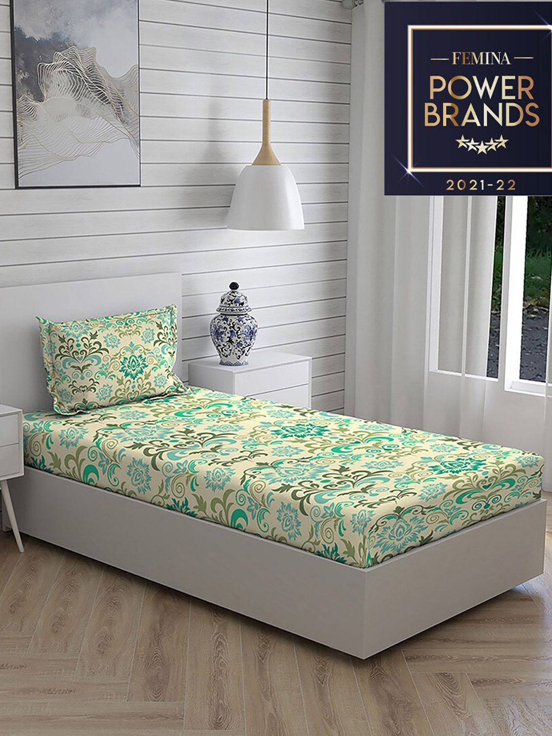 Layers Beige & Green Printed Pure Cotton 104 GSM Single Bedding Set Price in India