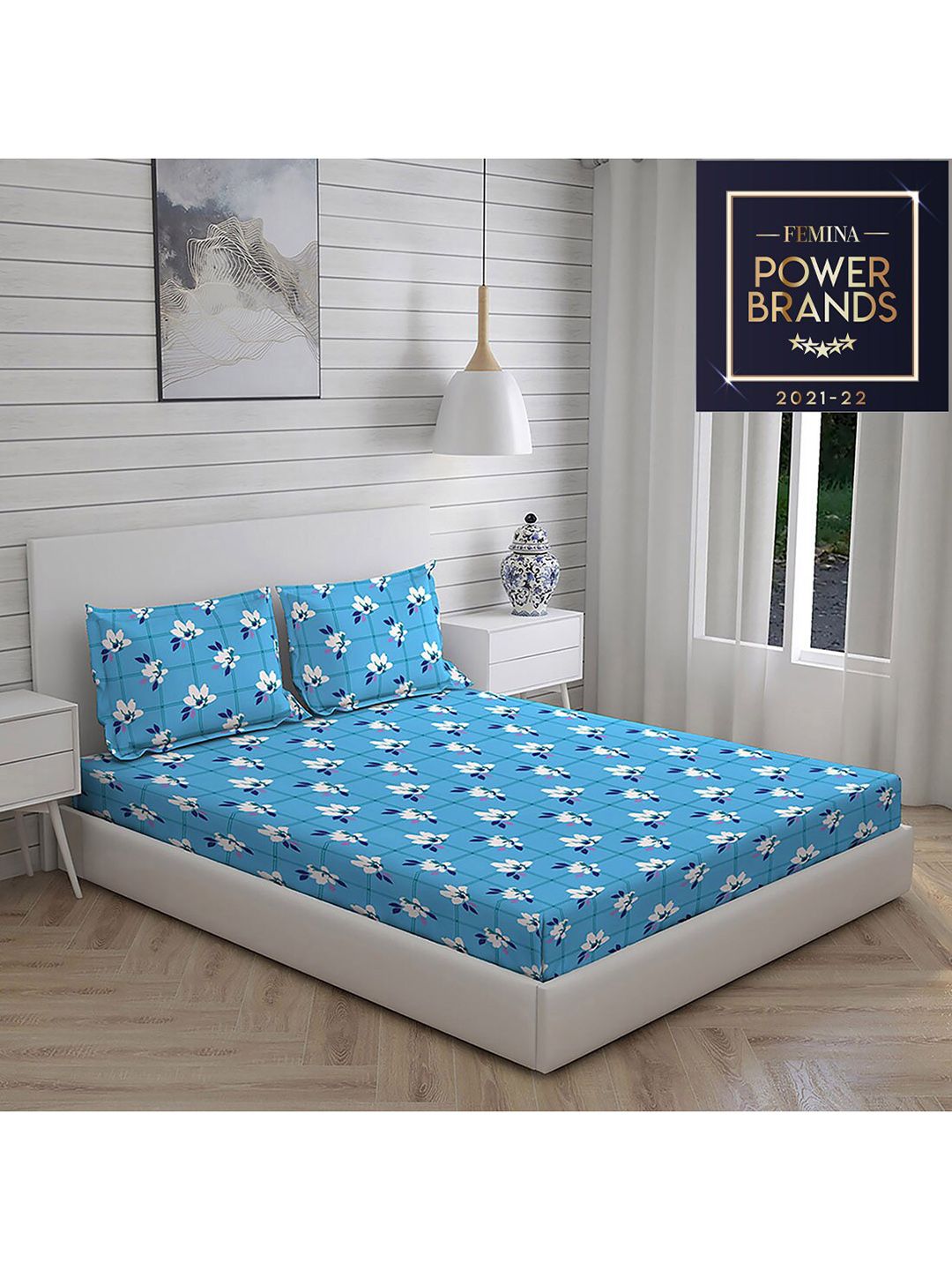 Layers Blue & White Floral Printed 104 GSM Pure Cotton Double King Bedding Set Price in India