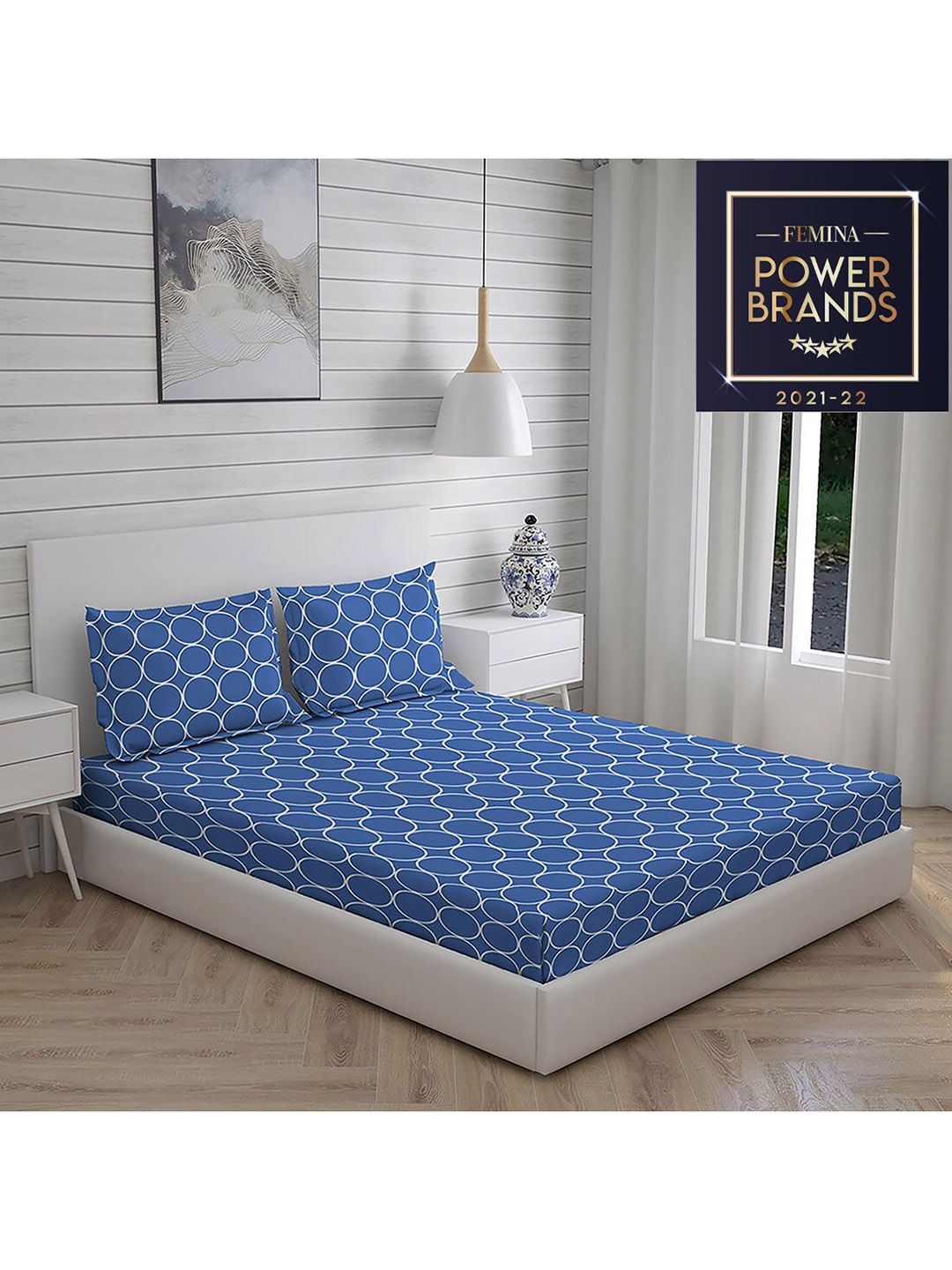 Layers Blue Printed 104 GSM Cotton Double Queen Bedsheet With 2 Pillow Cover Price in India