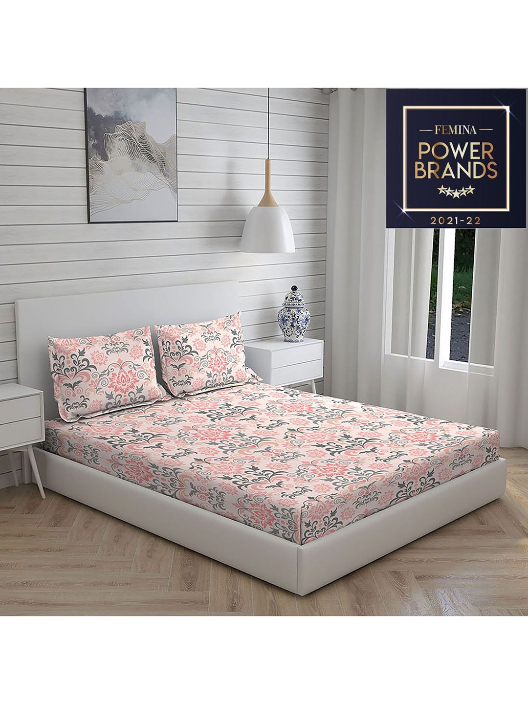 Layers Pink & Grey Floral Printed 104 GSM Pure Cotton Double Queen Bedding Set Price in India