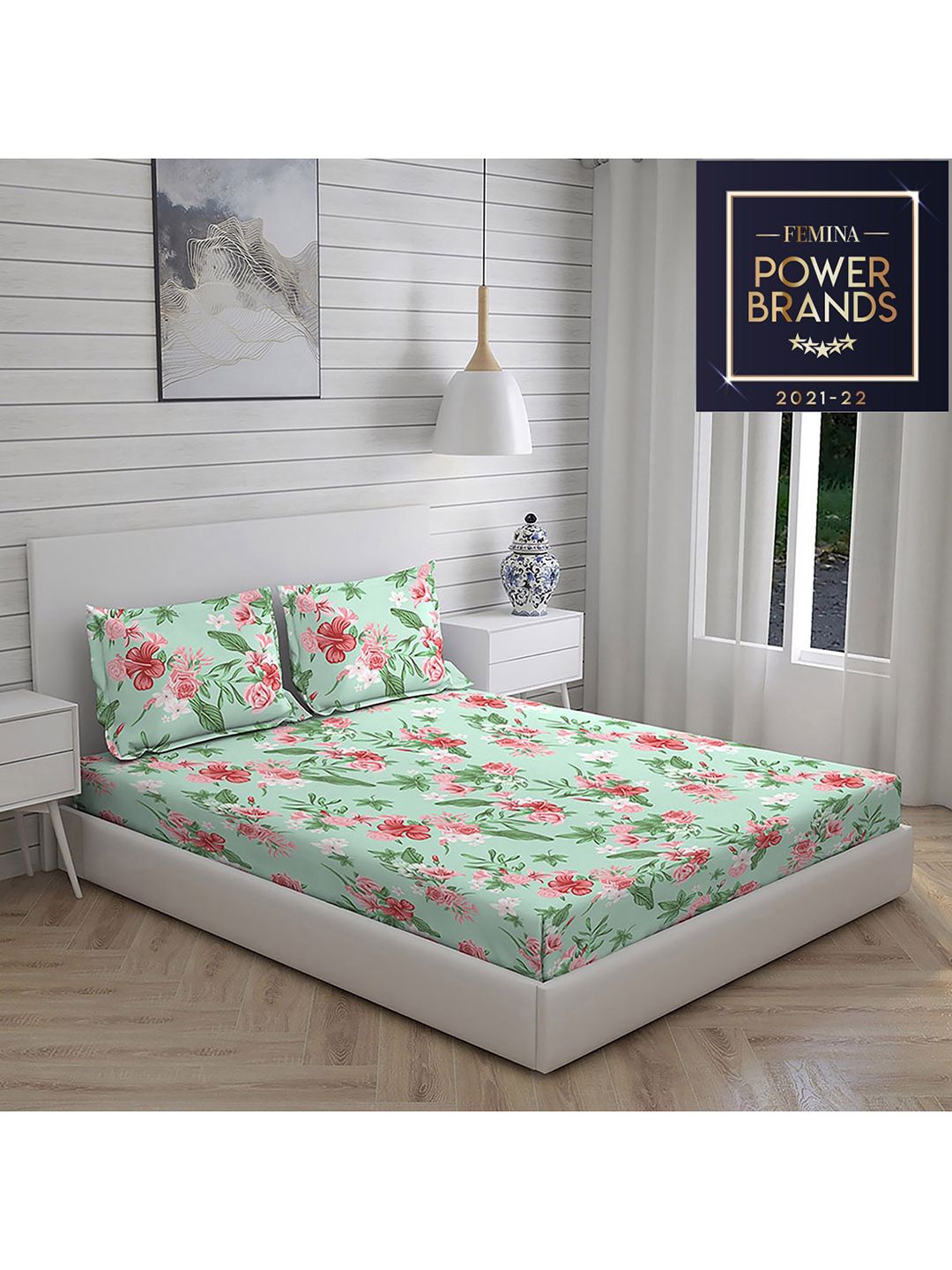 Layers Green & Pink Printed Pure Cotton 104 GSM Double King Bedding Set Price in India