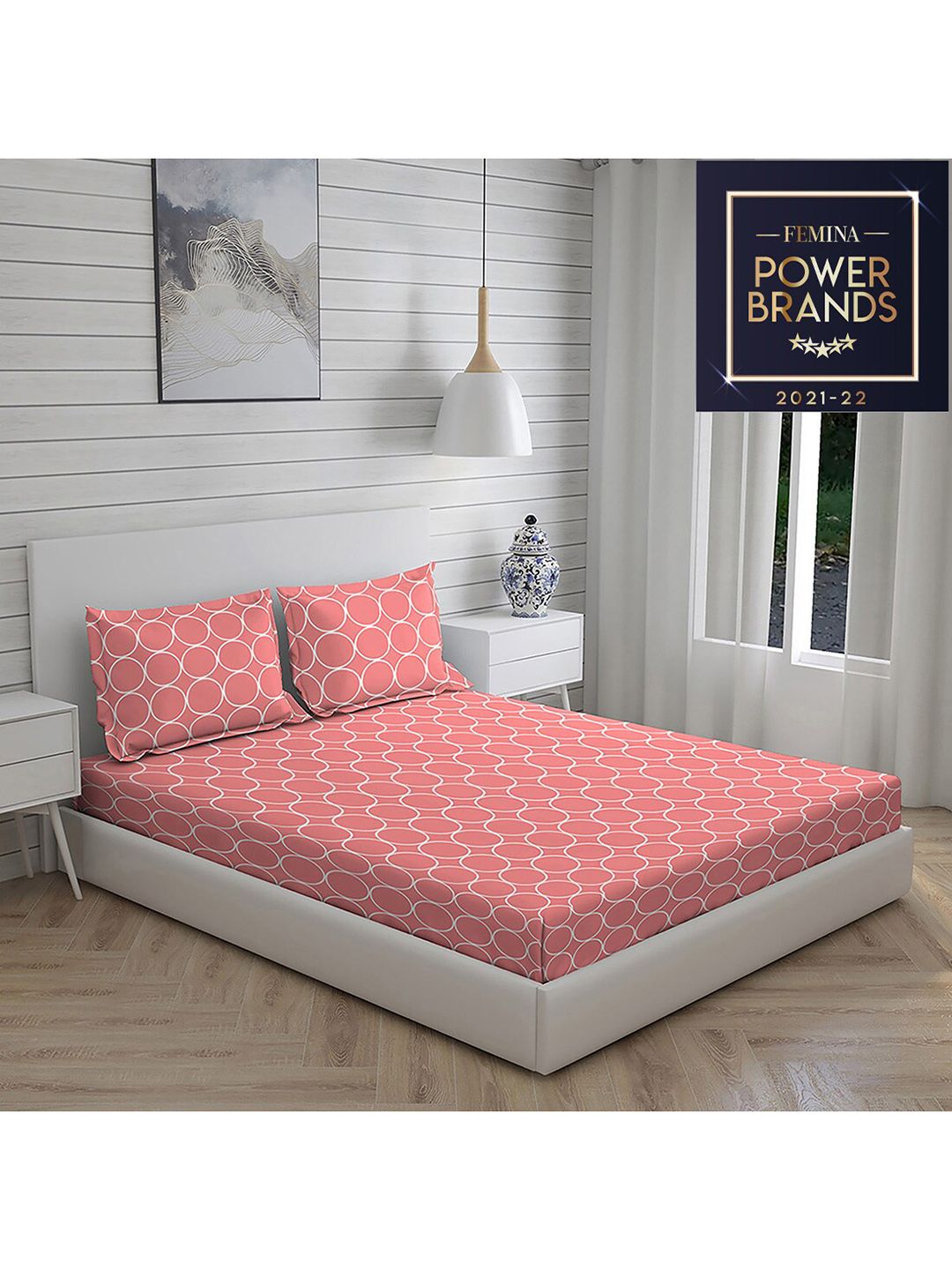 Layers Pink & White Printed Pure Cotton 104 GSM Double King Bedding Set Price in India