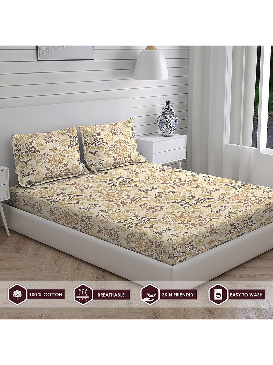 Layers Brown Floral Printed 104 GSM  Queen Double Bedsheet Cotton Bedding Set Price in India