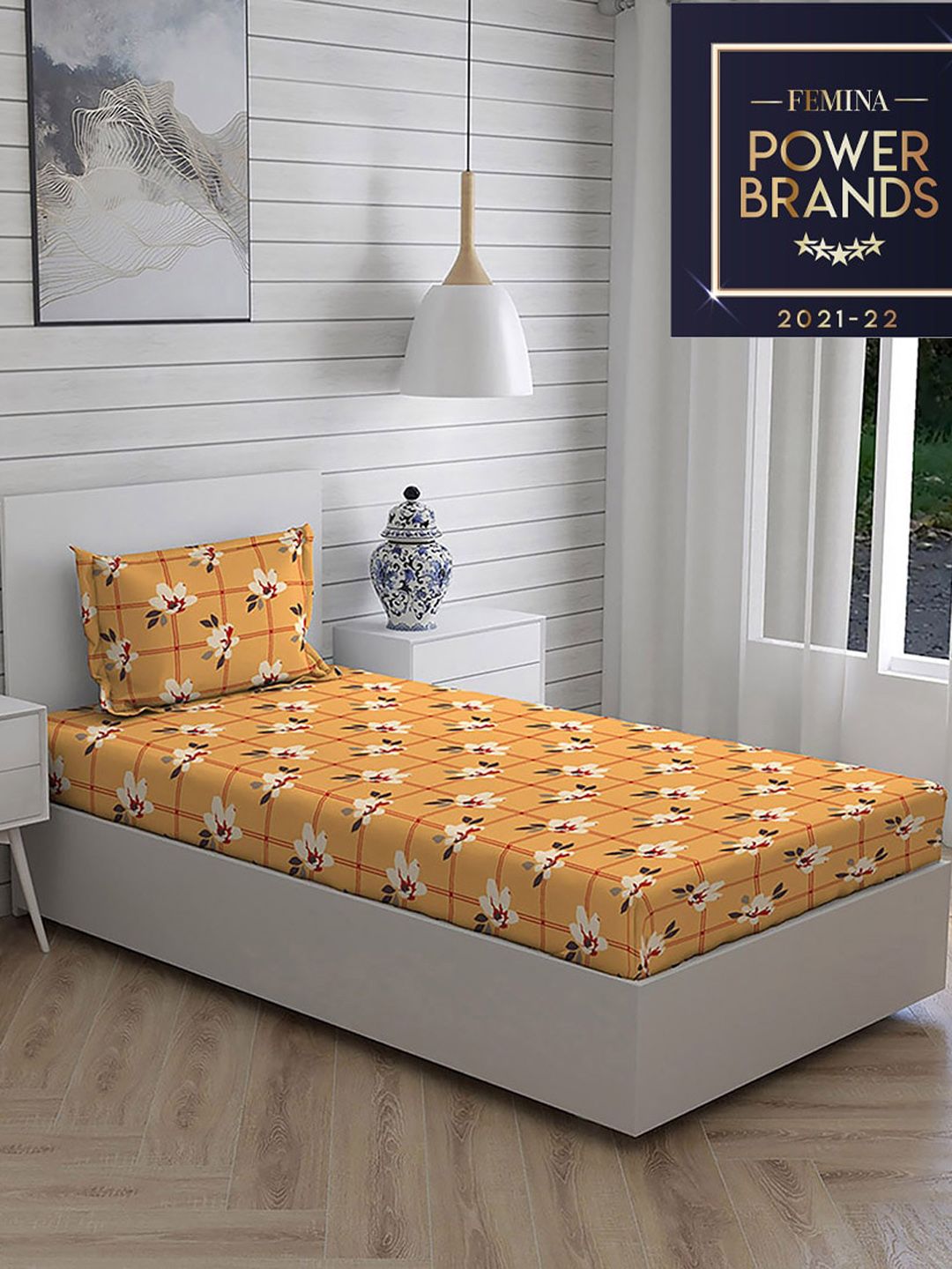 Layers Yellow & White Printed 104 GSM Pure Cotton Single Bedding Set Price in India
