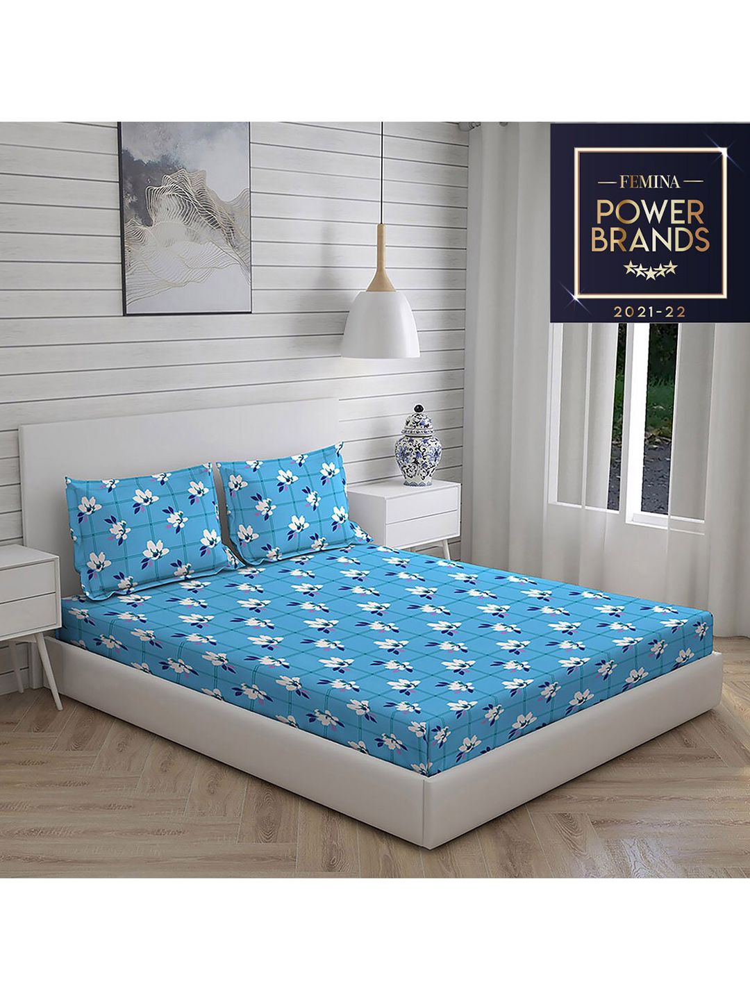 Layers Blue Printed 104 GSM Cotton Queen Double Bedsheet With 2 Pillow Cover Price in India