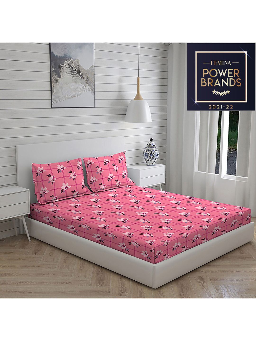 Layers Pink Printed 104 GSM Pure Cotton Double King Bedding Set Price in India