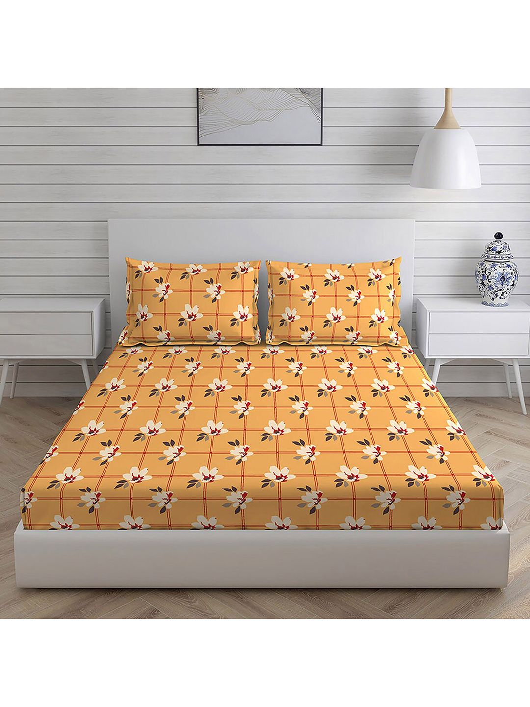 Layers Yellow Floral Printed 104 GSM Pure Cotton Double Queen Bedsheet With 2 Pillow Cover Price in India