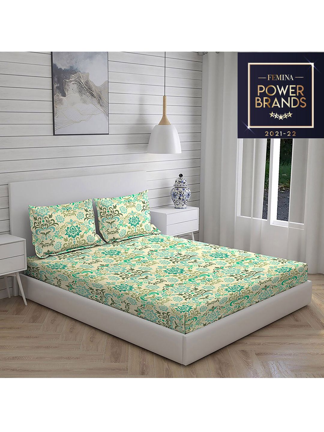 Layers Green Printed Pure Cotton 104 GSM Double King Bedsheet With 2 Pillow Cover Price in India