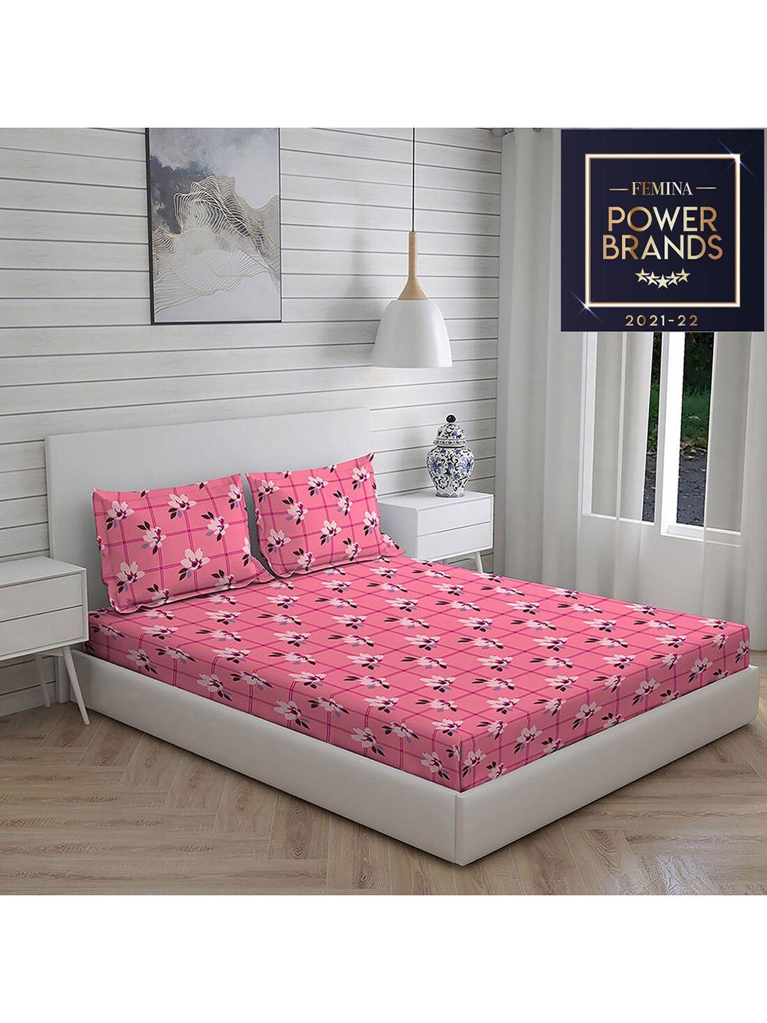Layers Pink & Black Printed Pure Cotton 104 GSM Double Queen Bedsheet With 2 Pillow Cover Price in India