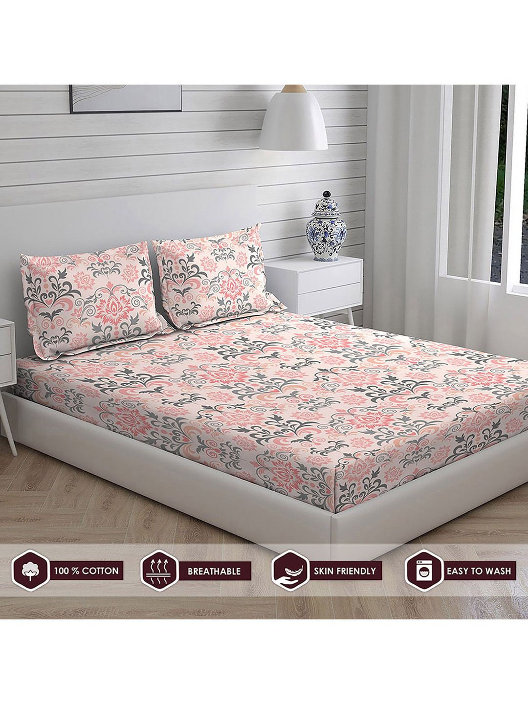 Layers Pink Floral Printed 104 GSM  King Double Bedsheet Cotton Bedding Set Price in India