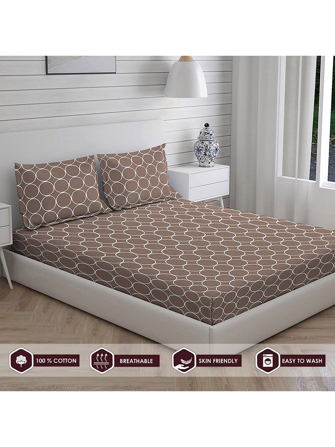 Layers Brown Printed 104 GSM Cotton Double King Bedsheet With 2 Pillow Cover Price in India