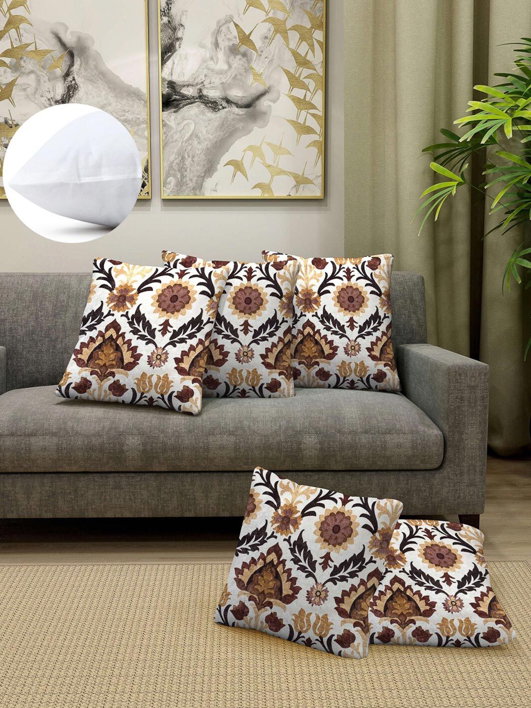Arrabi Brown & White Set of 5 Floral Square Cushion Covers Price in India
