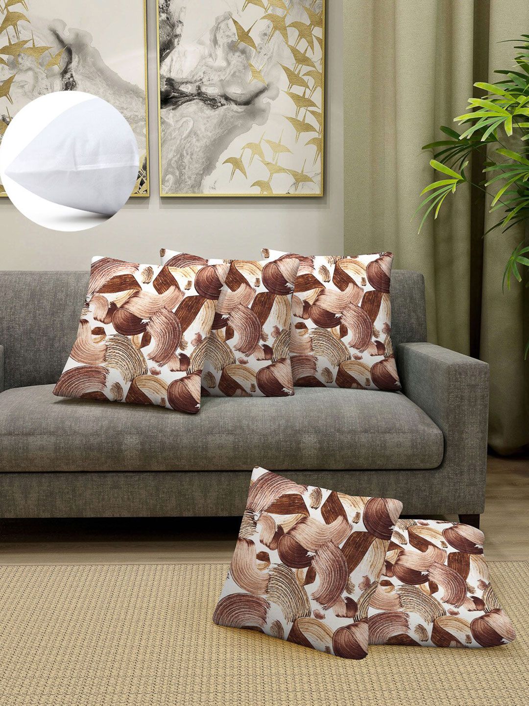 Arrabi Brown & White Set of 5 Geometric Square Cushion Covers Price in India