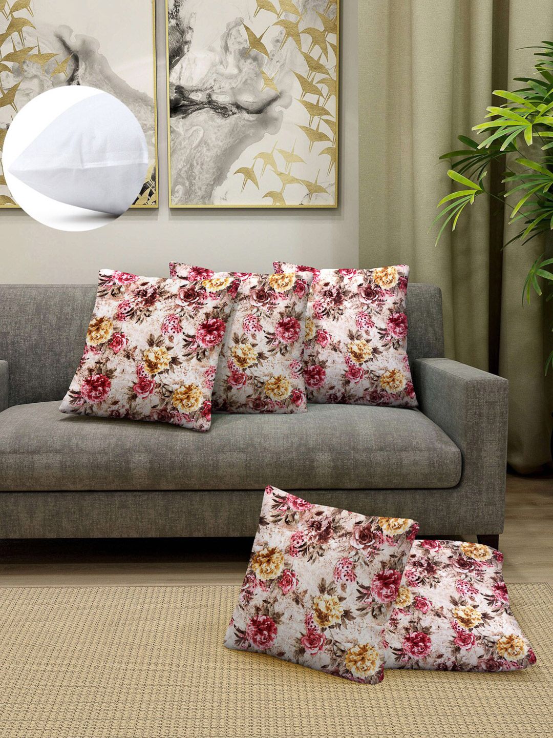 Arrabi Pink & Brown Set of 5 Floral Square Cushion Covers Price in India