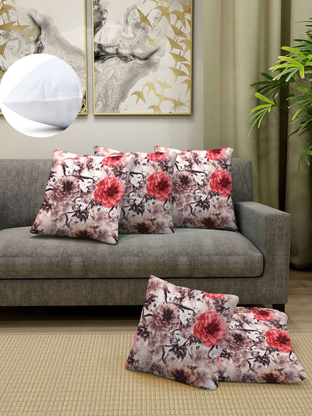 Arrabi Red & White Set of 5 Floral Square Cushion Covers Price in India