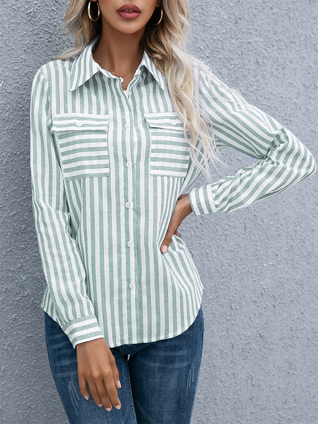 URBANIC Women Green & White Striped Shirt Style Top Price in India