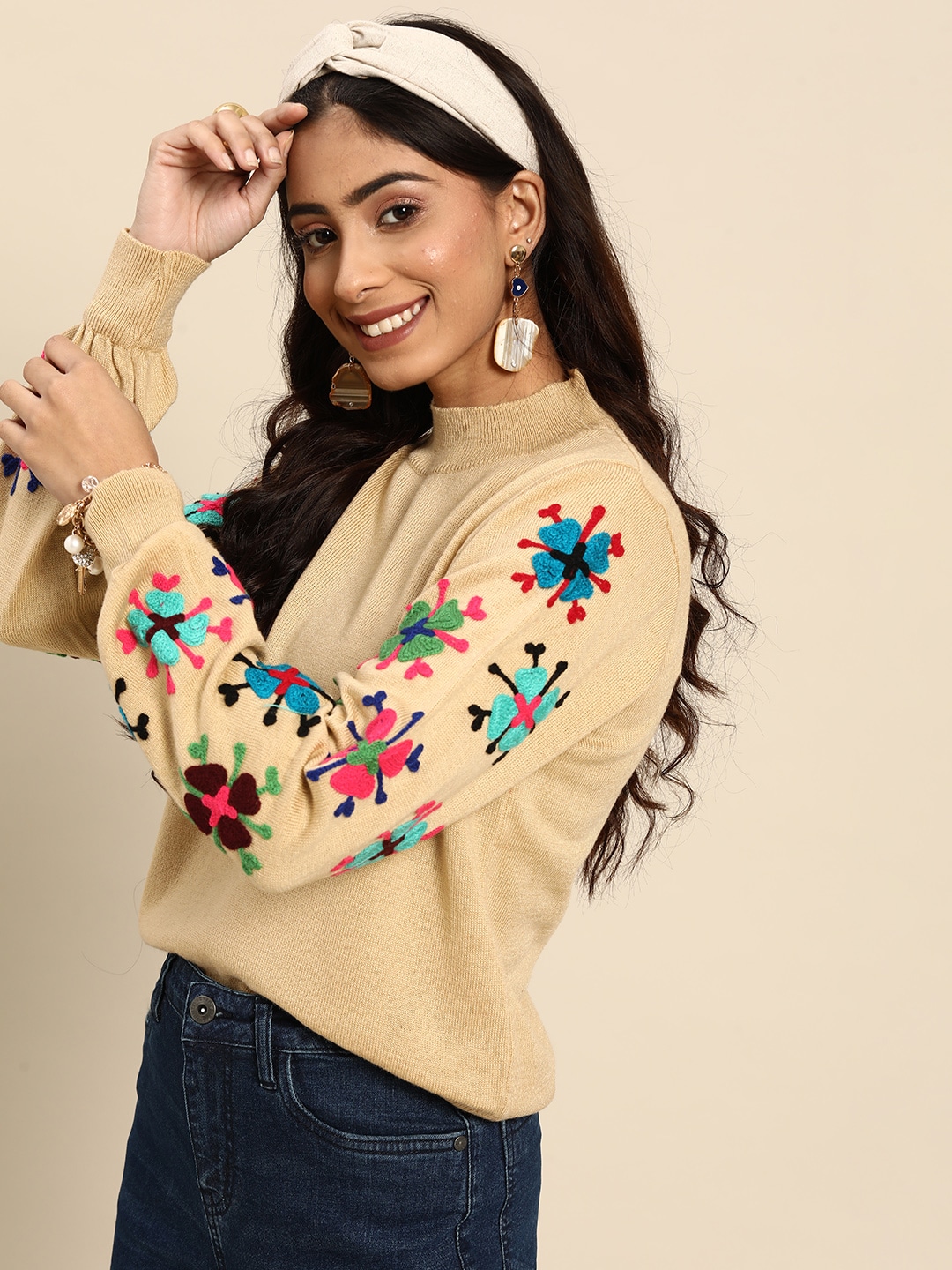 Sangria Women Beige Pullover with Embroidered Detail Price in India