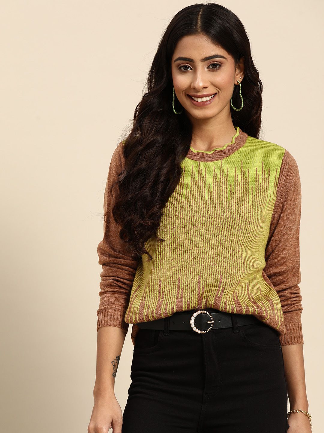 Sangria Women Green & Brown Striped Pullover Price in India
