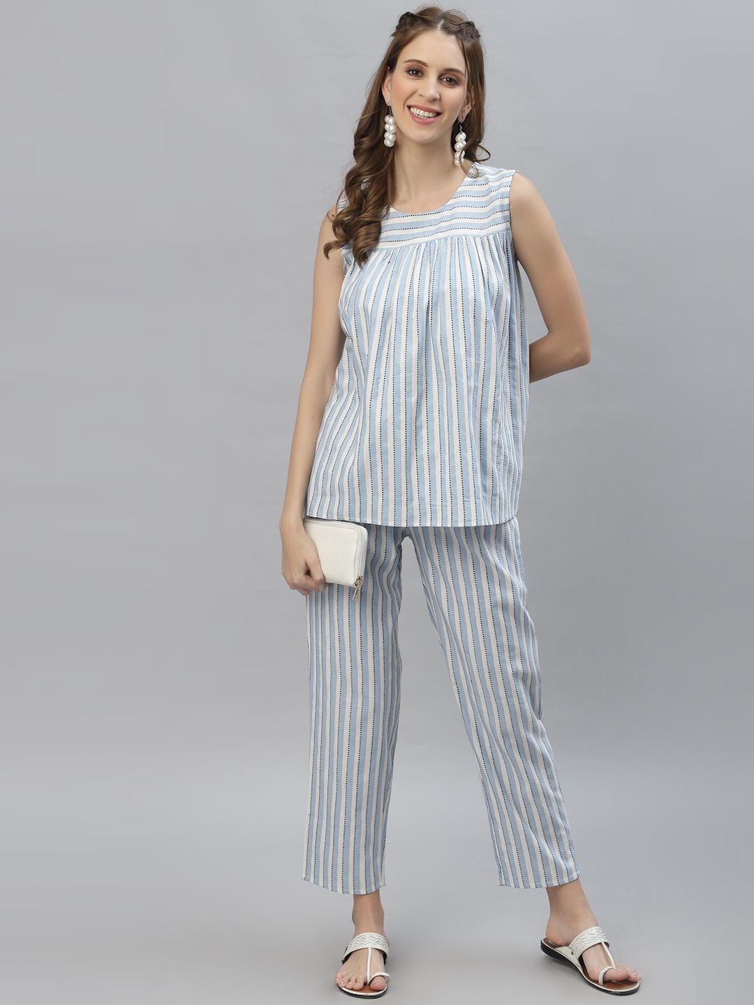 Stylum Women Blue & White Self Woven Striped Cotton Blend Top and Pant Set Price in India
