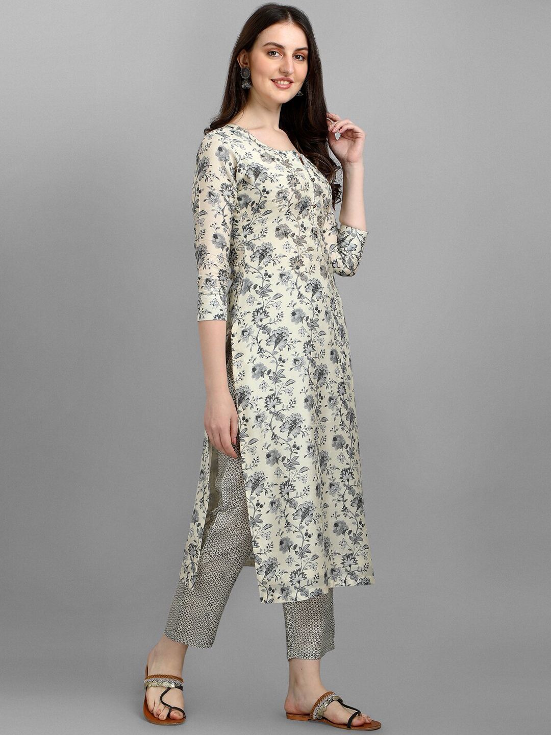 Seerat Women Cream-Coloured Printed Angrakha Silk Crepe Kurti with Palazzos Price in India