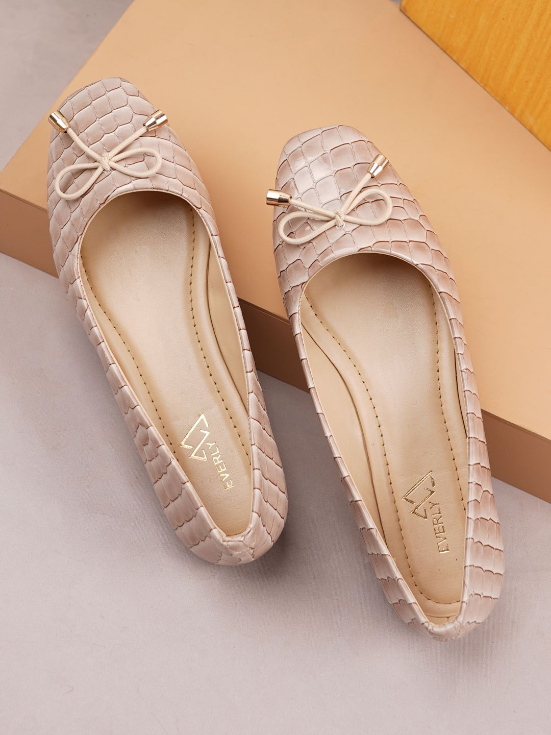 EVERLY Women Beige Printed Ethnic Ballerinas with Embroidered Flats