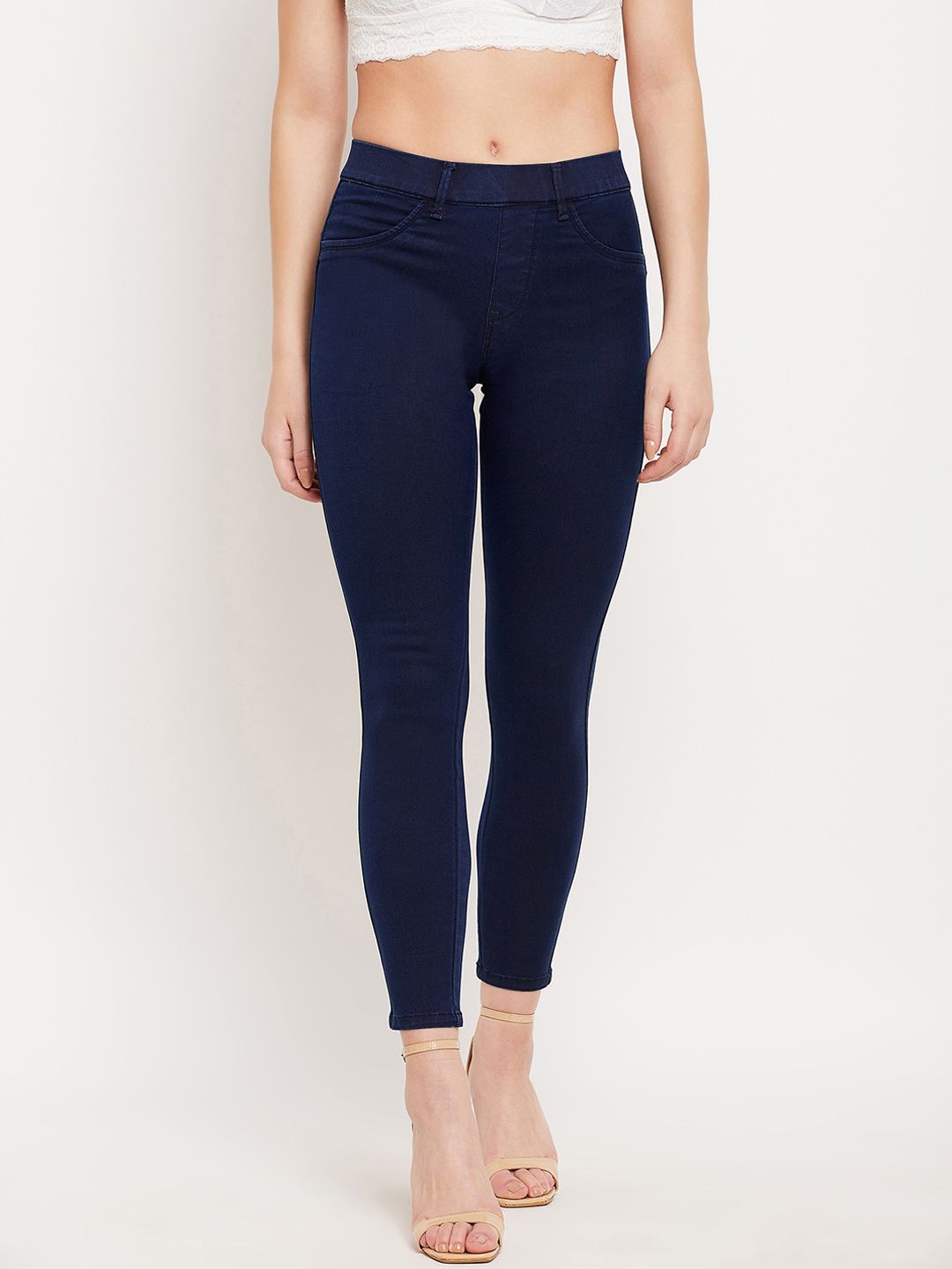 Madame Women Navy Blue Pure Cotton Jeans Price in India