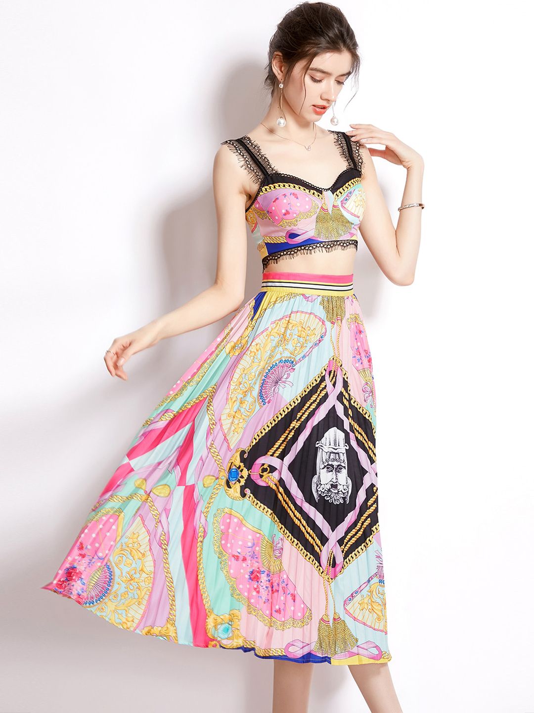 JC Collection Women Pink Printed Crop Top & Skirt Price in India