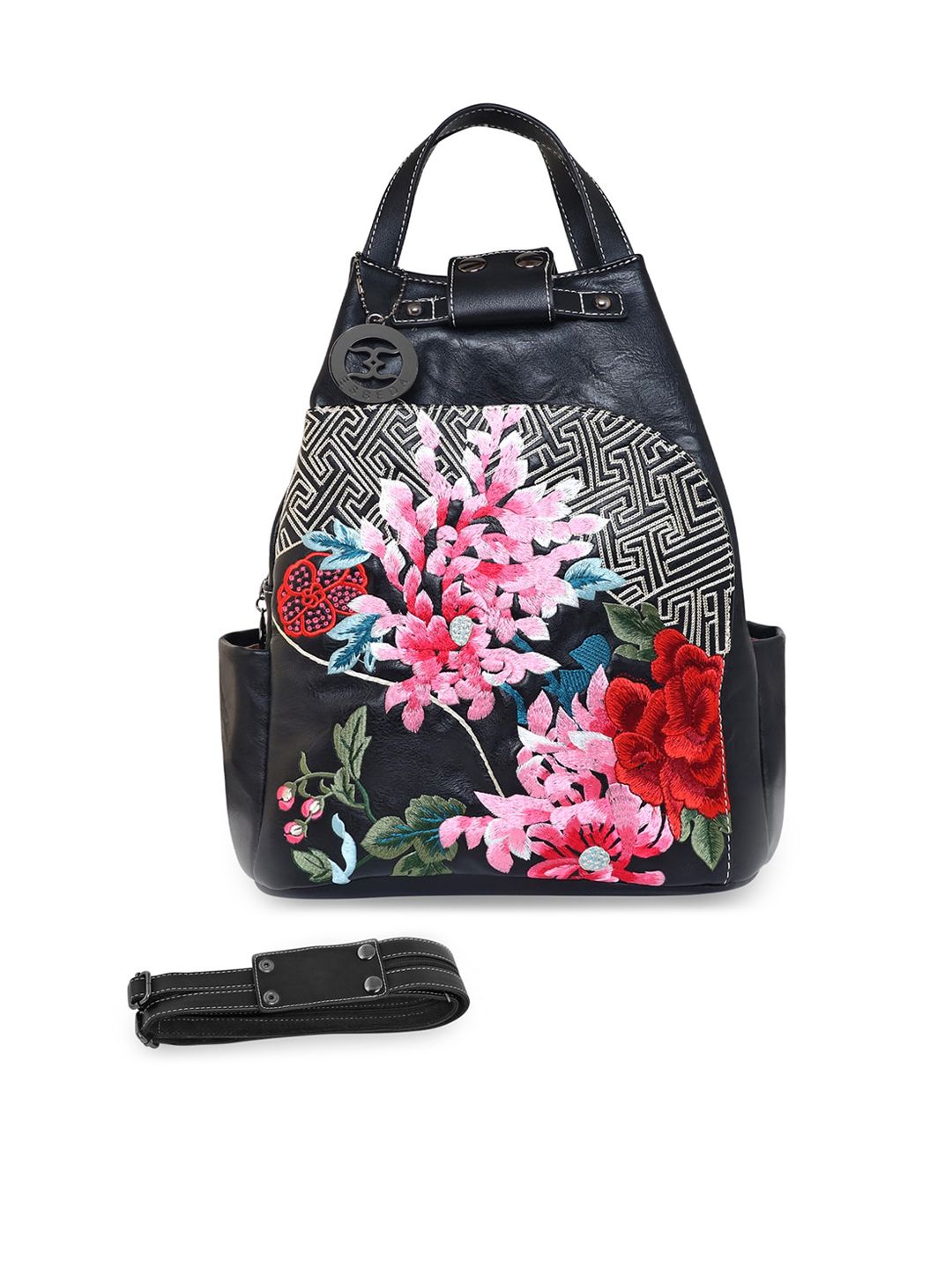 ESBEDA Women Black & Pink Embroidered Backpack Cum Handbag Price in India