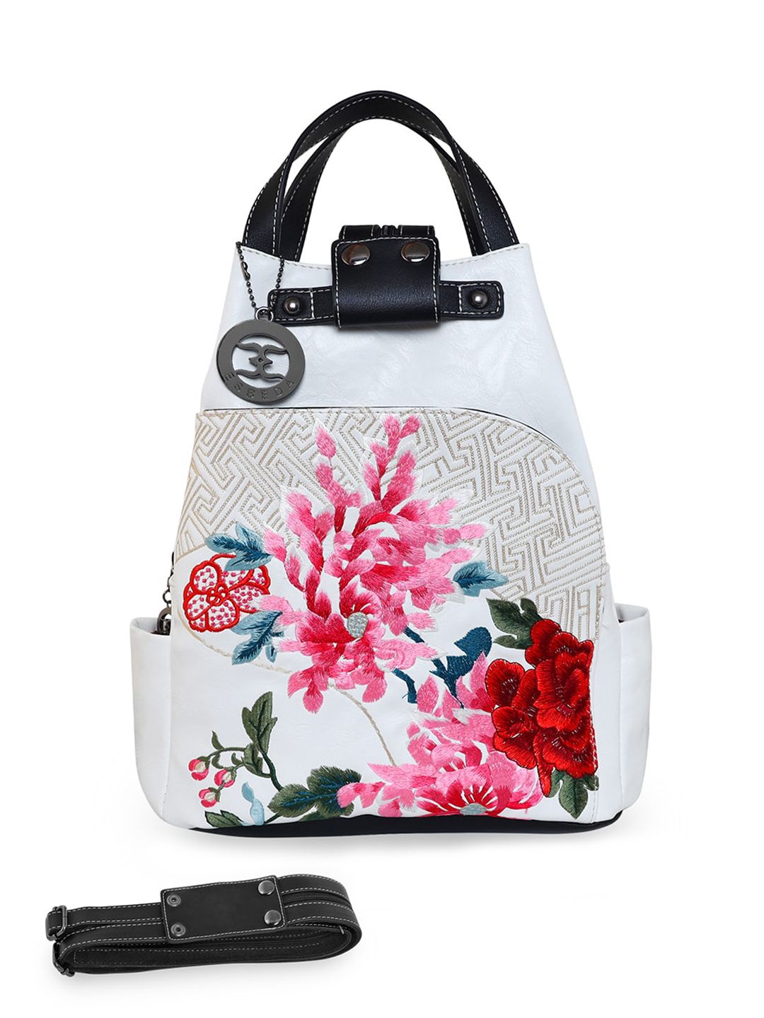 ESBEDA Women White & Pink   Floral  Embroidered Backpack Cum Handbag Price in India