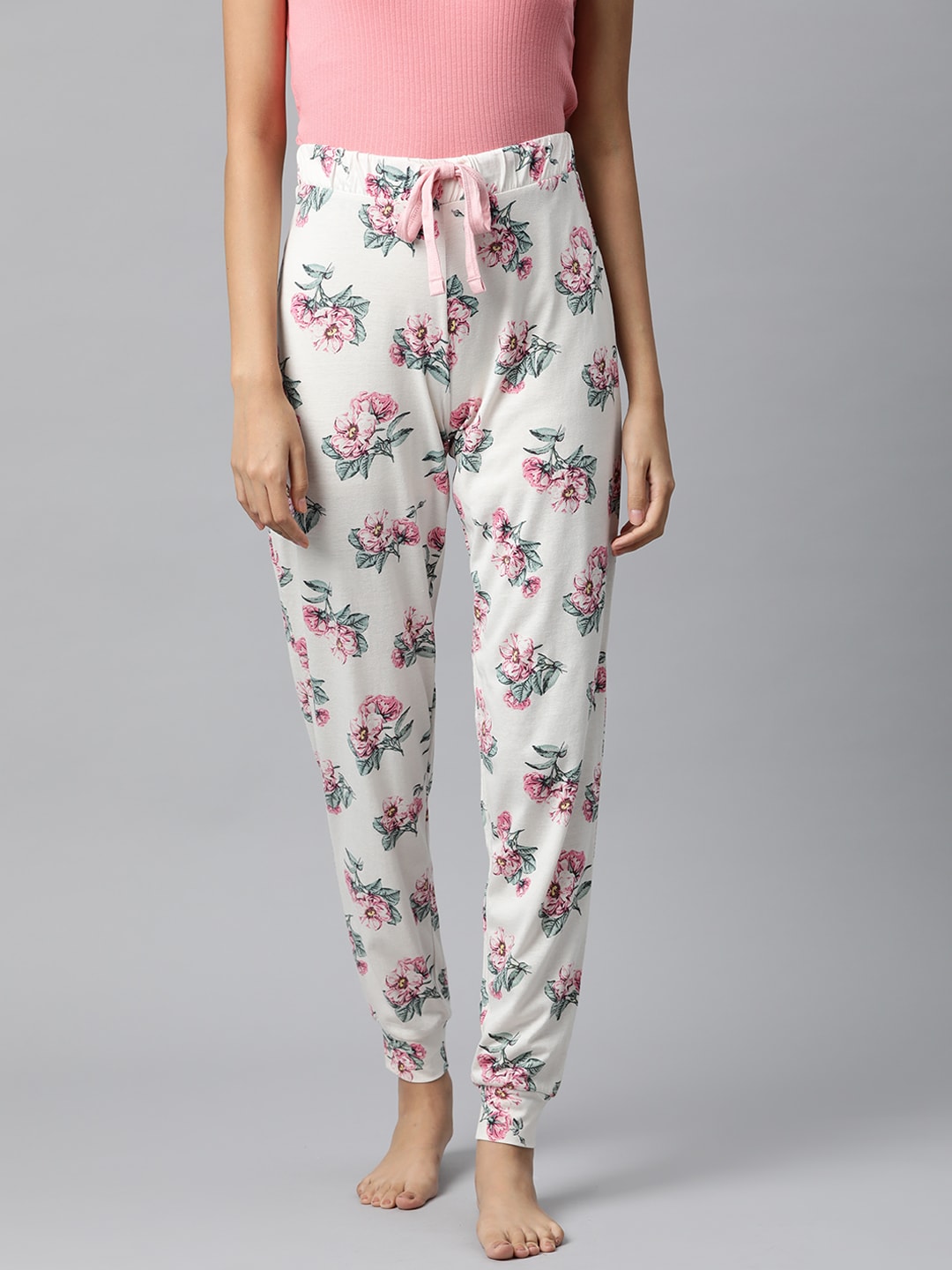 Marks & Spencer Women Off-White & Pink Floral Print Joggers Price in India