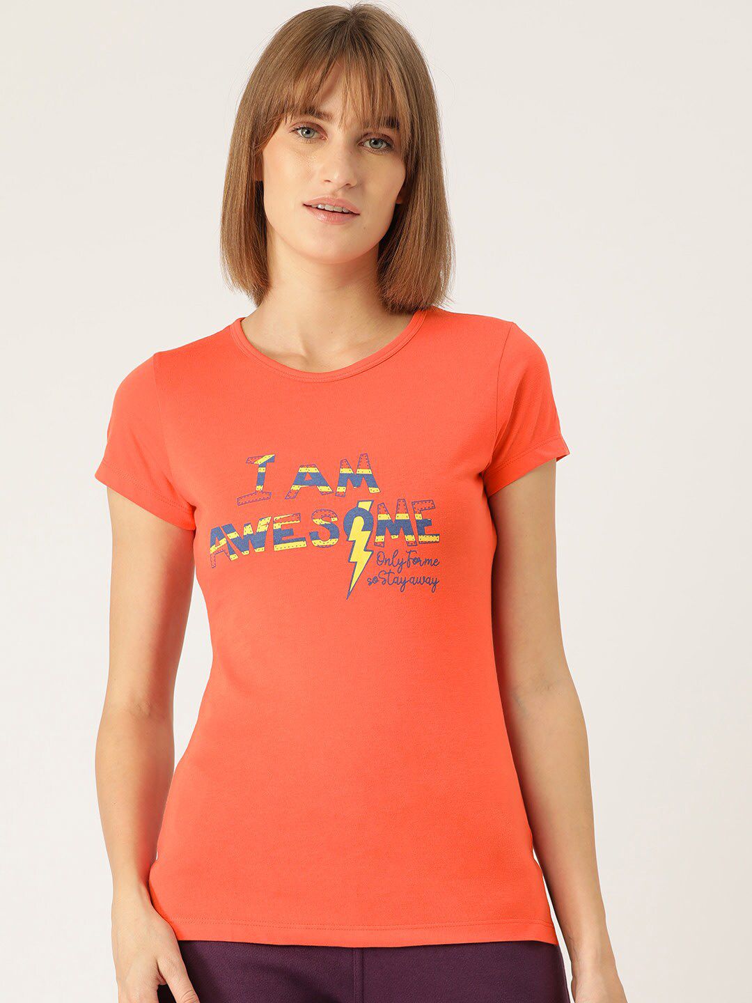 Sweet Dreams Women Coral Orange Printed Cotton Lounge T-shirts F-LLT-510A CORAL Price in India