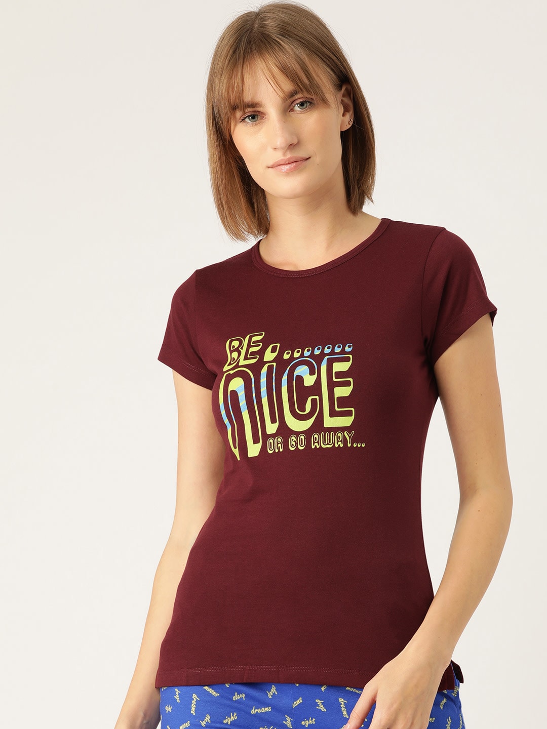 Sweet Dreams Women Maroon Red & Yellow Printed Cotton Lounge Tshirts Price in India