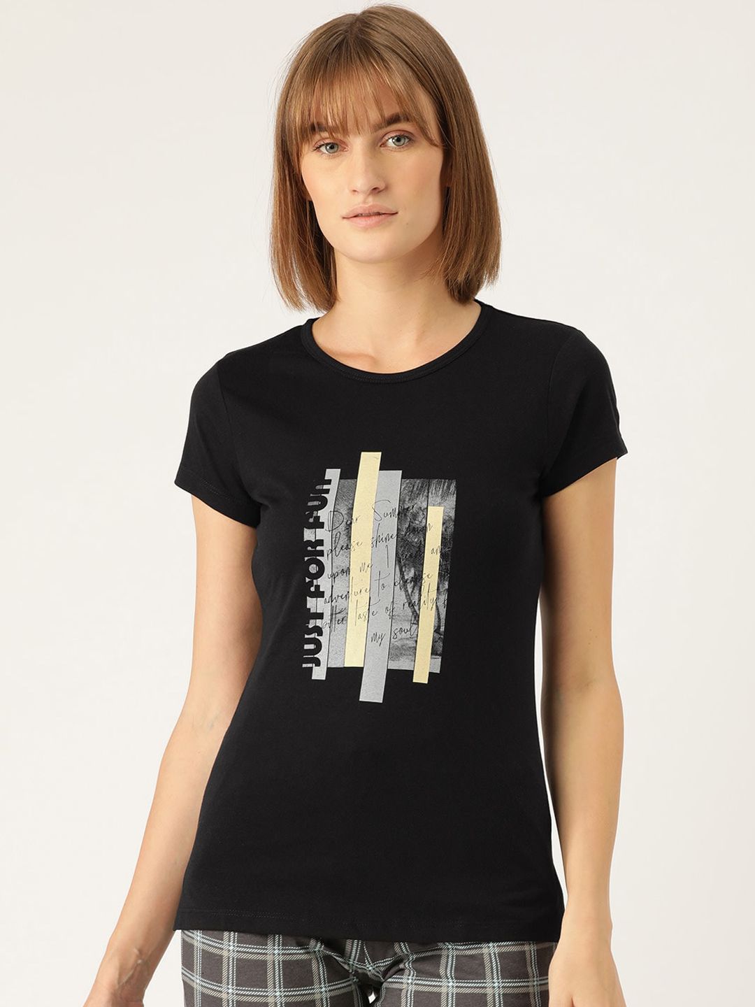 Sweet Dreams Women Black & Grey Printed Cotton Lounge T-shirt Price in India