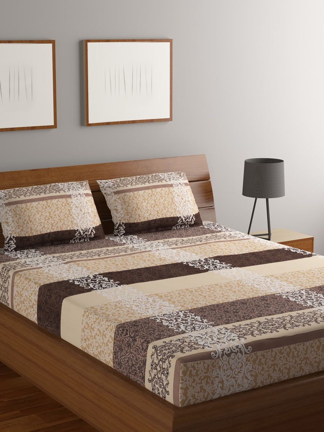 MODEFE Brown & White Floral 180 TC Queen Bedsheet with 2 Pillow Covers Price in India