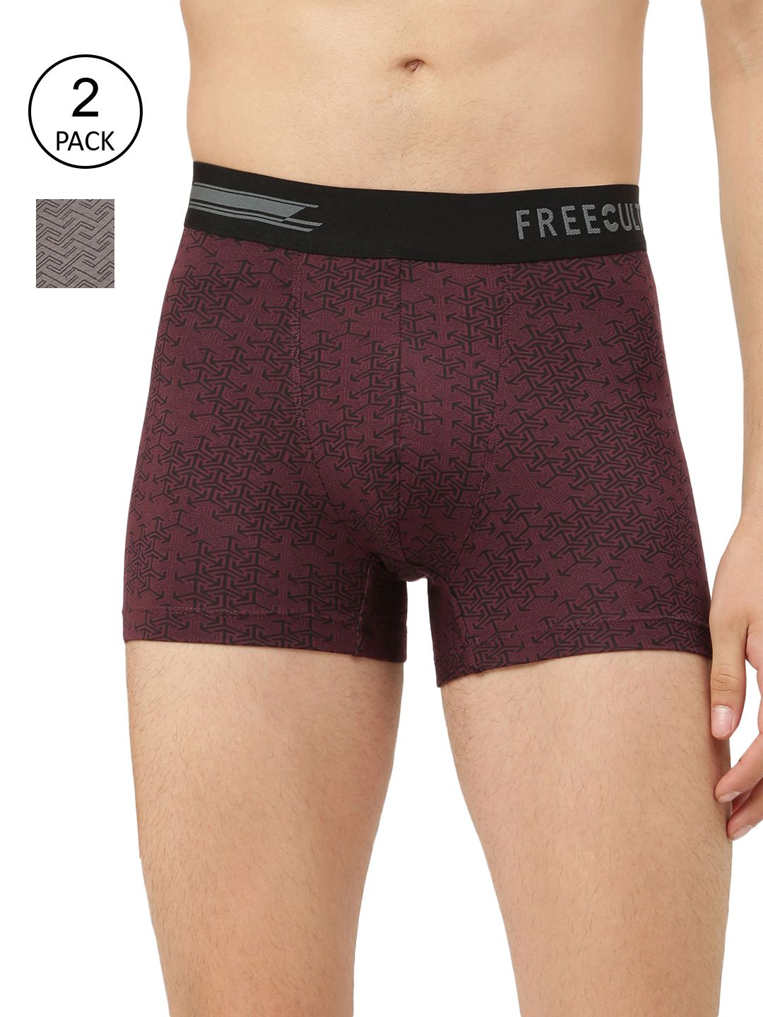 FREECULTR Men Pack Of 2 Burgundy, Grey Printed Trunk