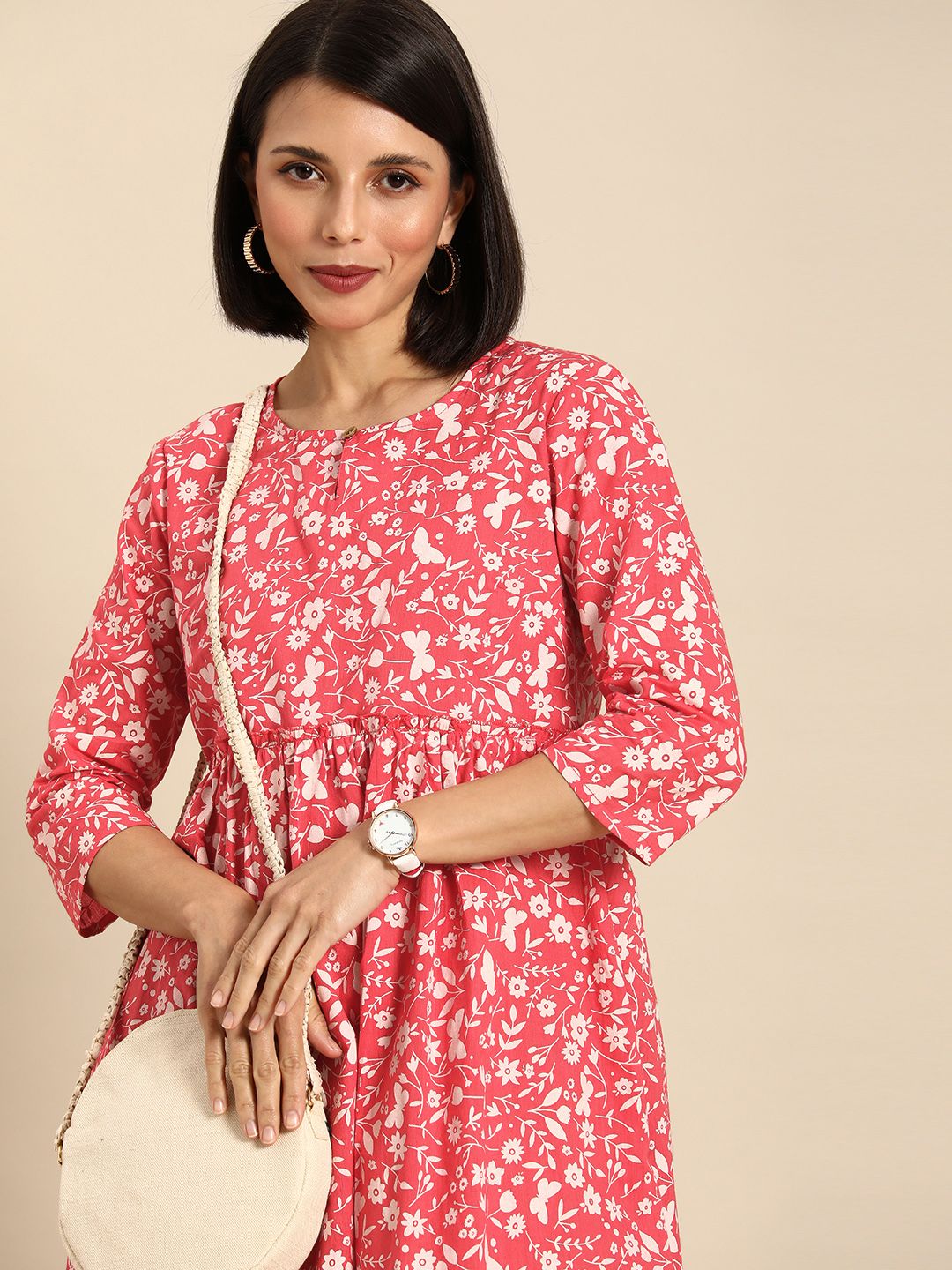 Anouk Women Coral & White Floral Print A-Line Dress Price in India