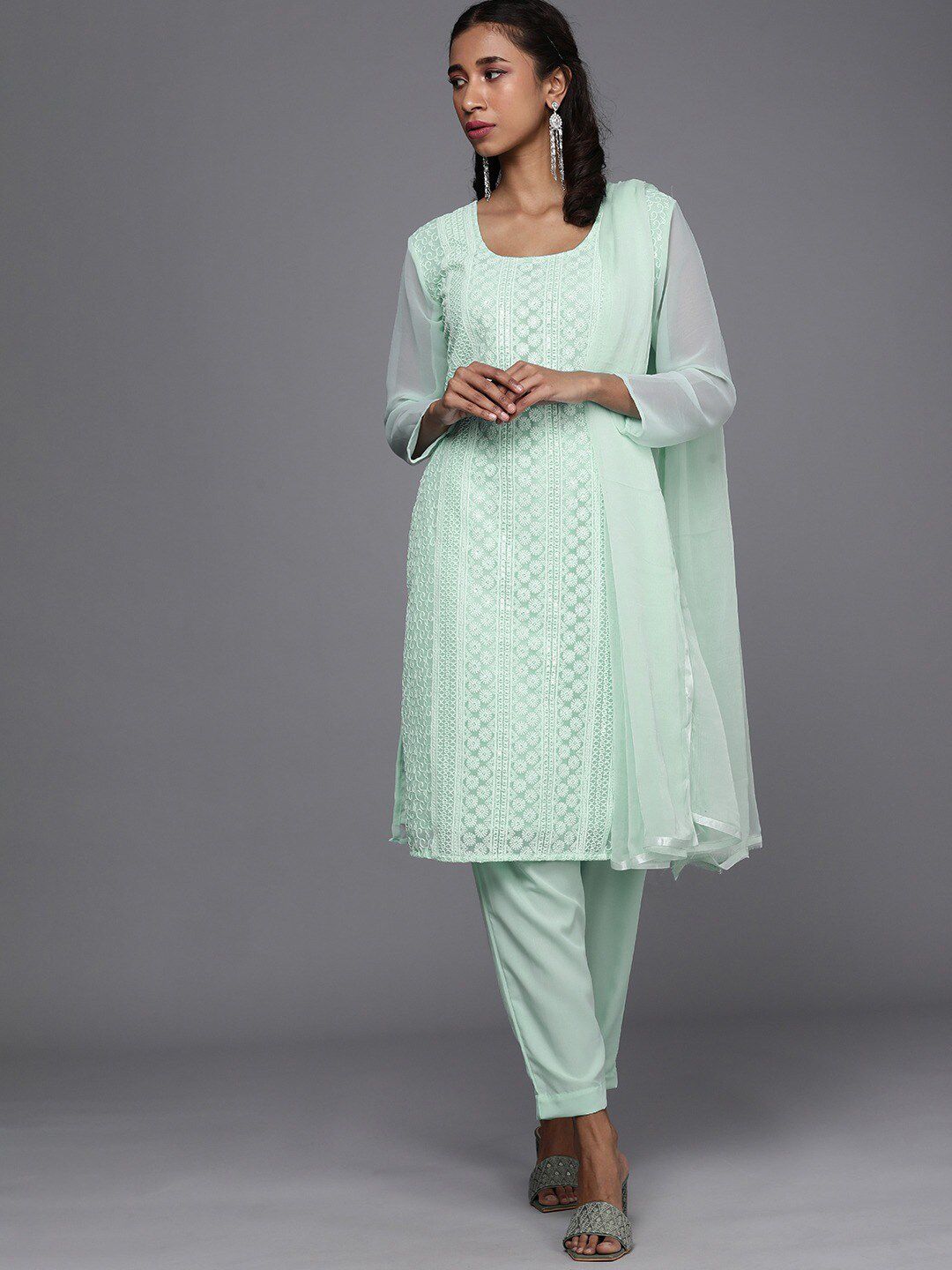 KALINI Sea Green Embroidered Unstitched Dress Material Price in India