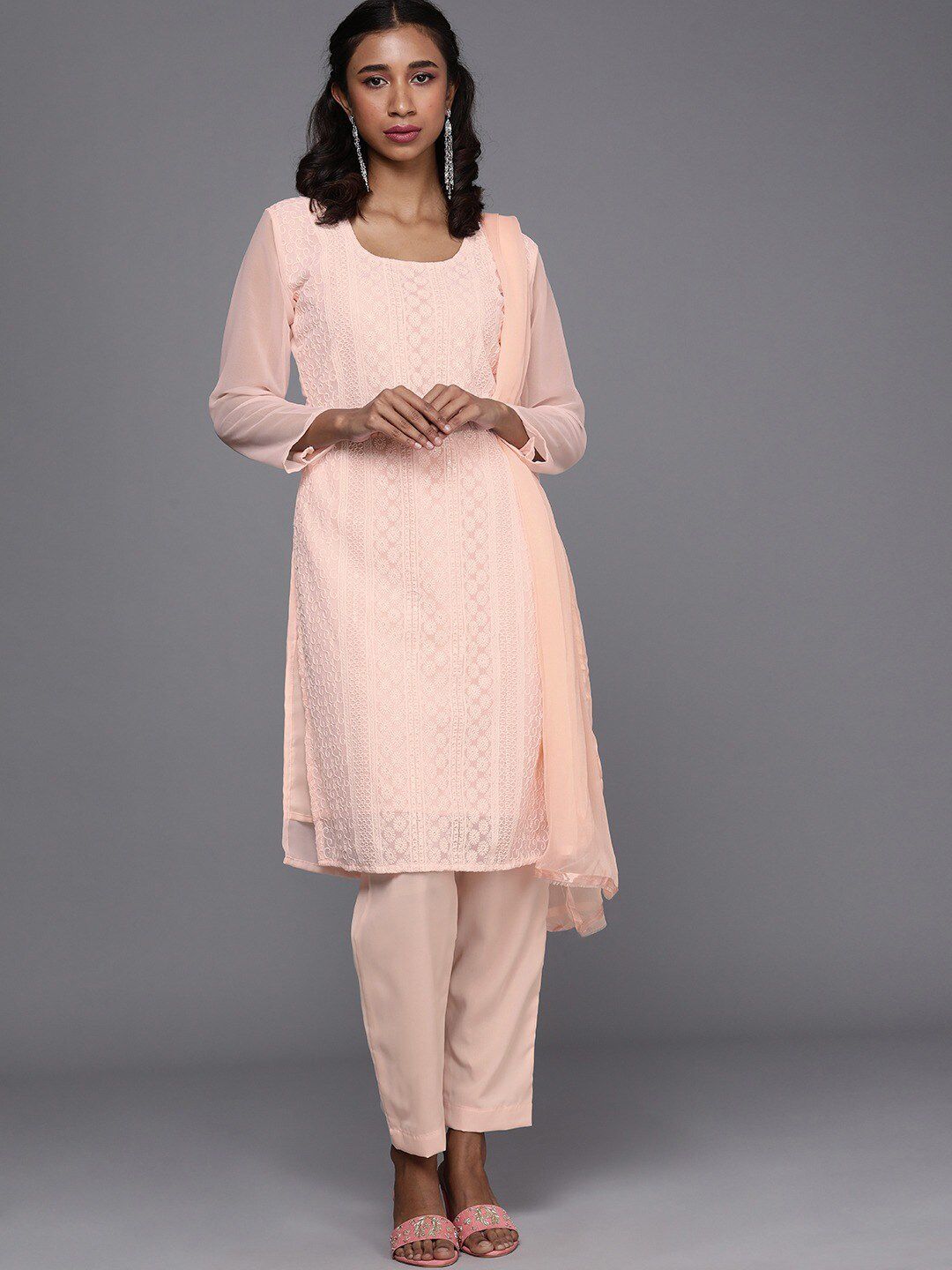 KALINI Peach-Coloured Embroidered Unstitched Dress Material Price in India