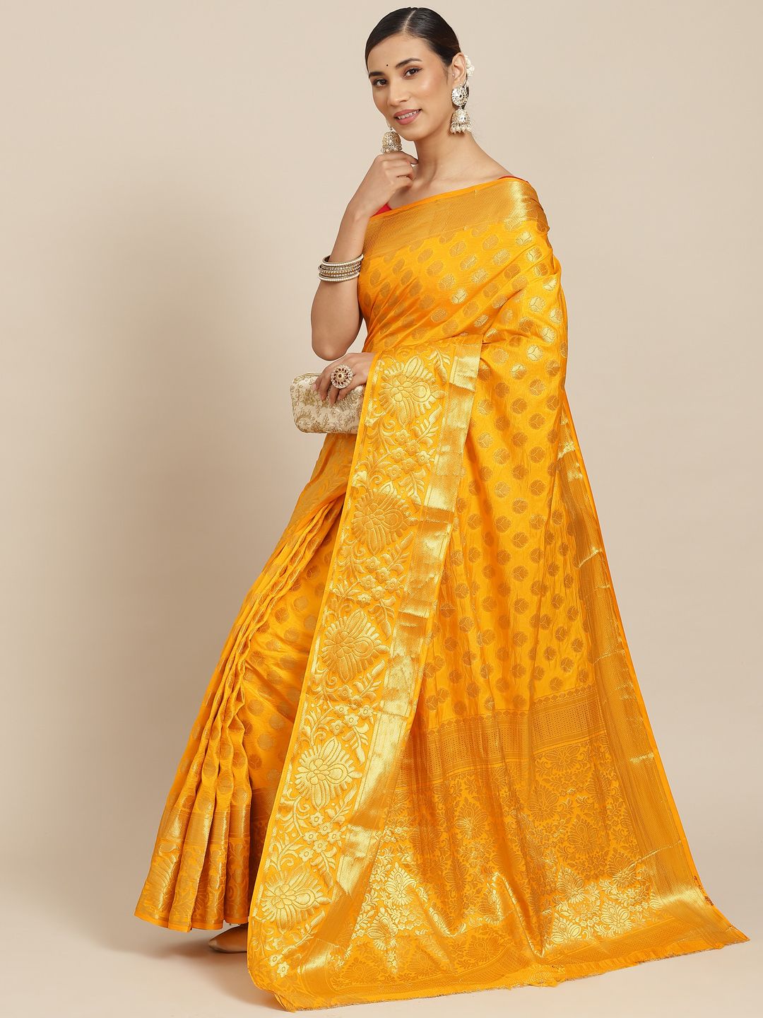 PRENEA Yellow Ethnic Motifs Zari Silk Blend Banarasi Saree