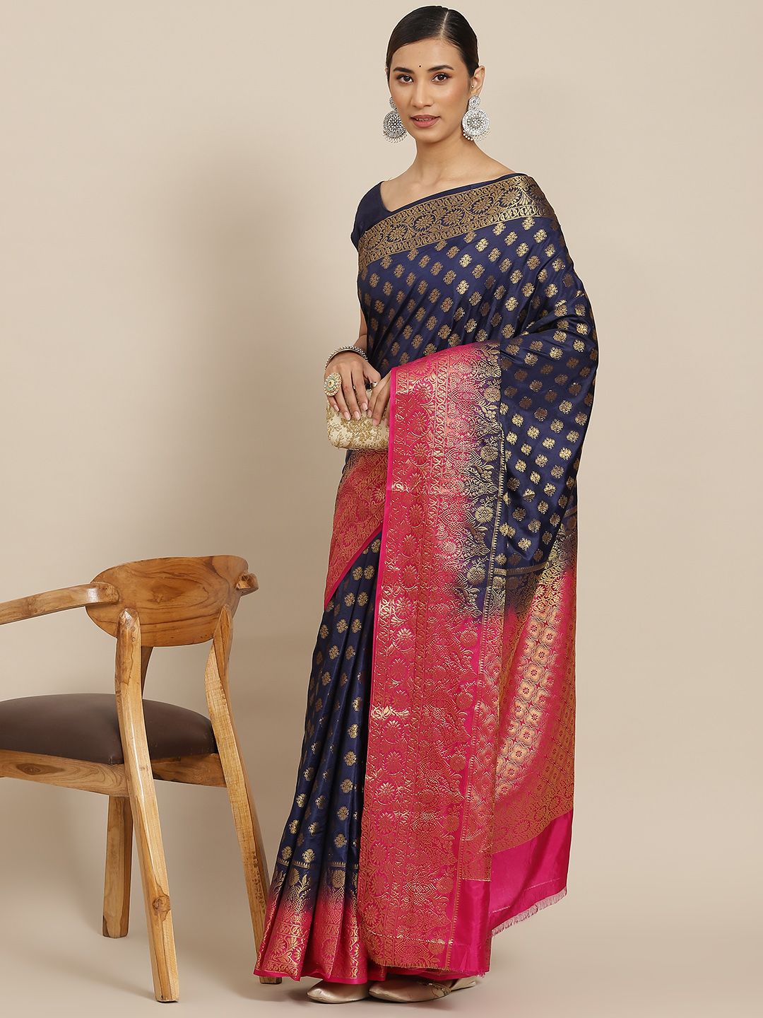PRENEA Navy Blue & Pink Woven Design Silk Blend Banarasi Saree with Blouse Piece
