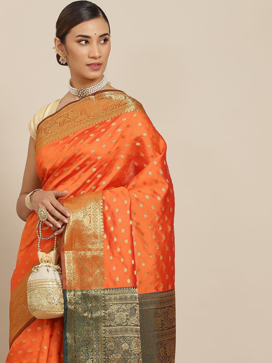 PRENEA Orange Woven Design Silk Blend Banarasi Saree with Blouse Piece