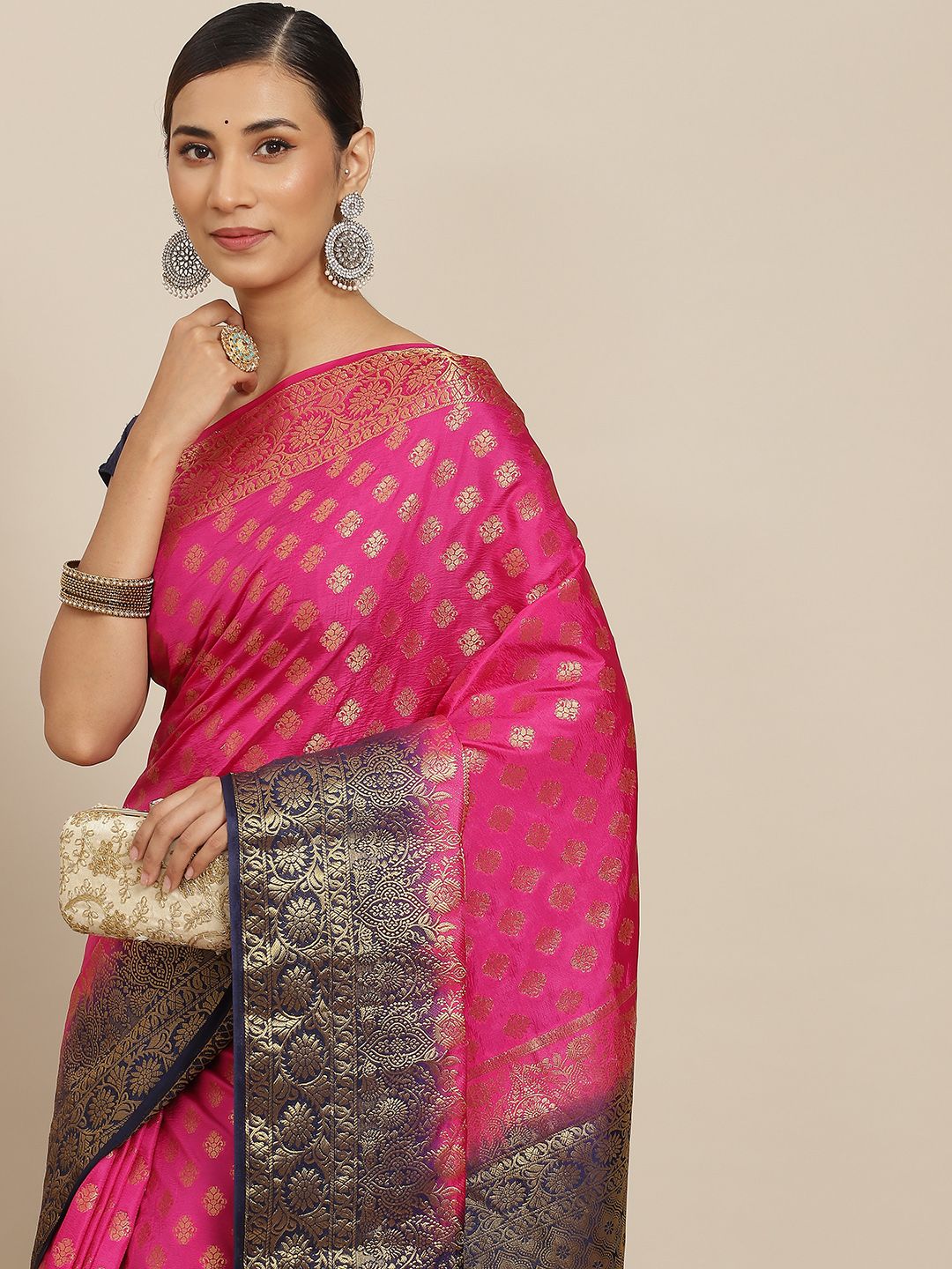 PRENEA Pink Woven Design Silk Blend Banarasi Saree with Blouse Piece