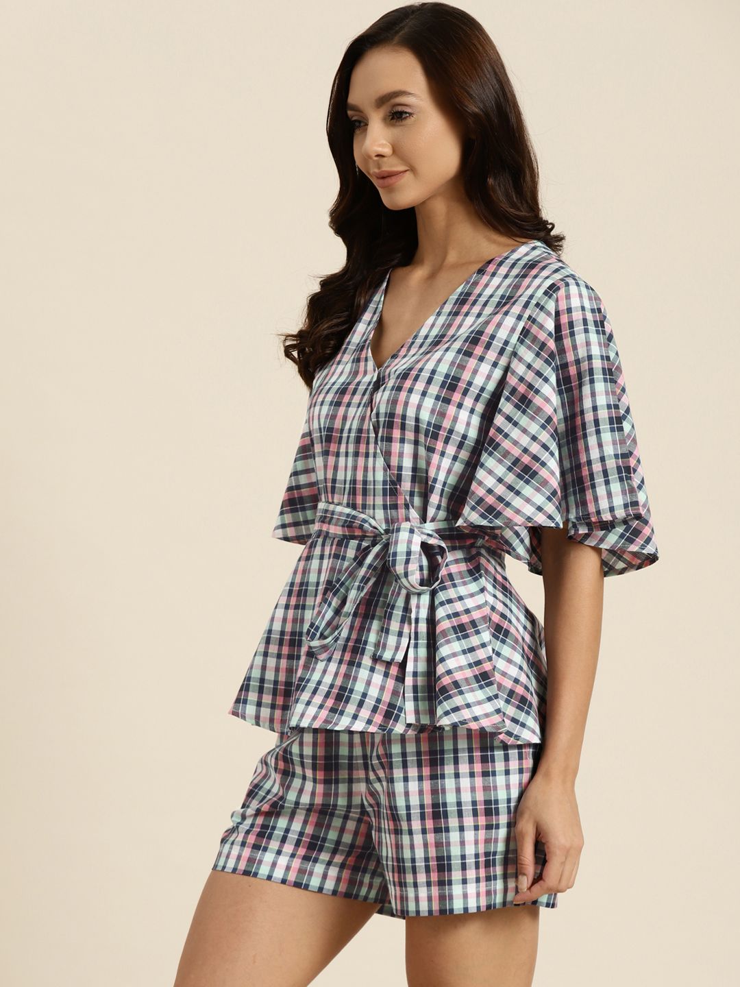 ADORENITE Women Peach-Coloured & White Checked Pure Cotton Shorts Set Price in India