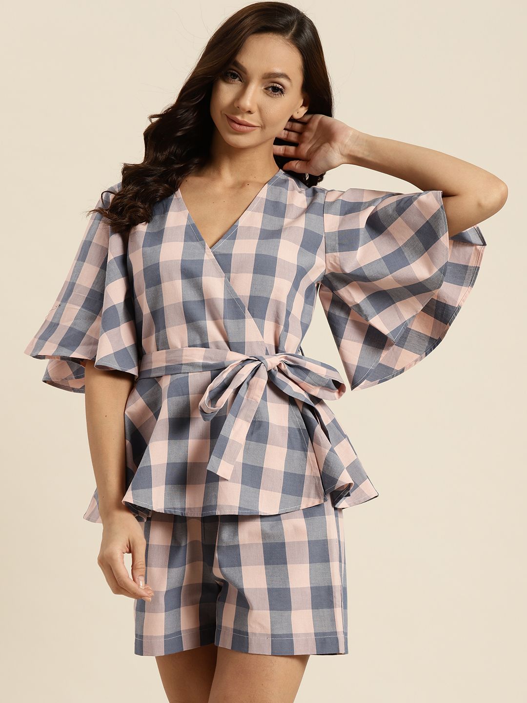 ADORENITE Women Peach-Coloured & Blue Checked Pure Cotton Shorts Set Price in India