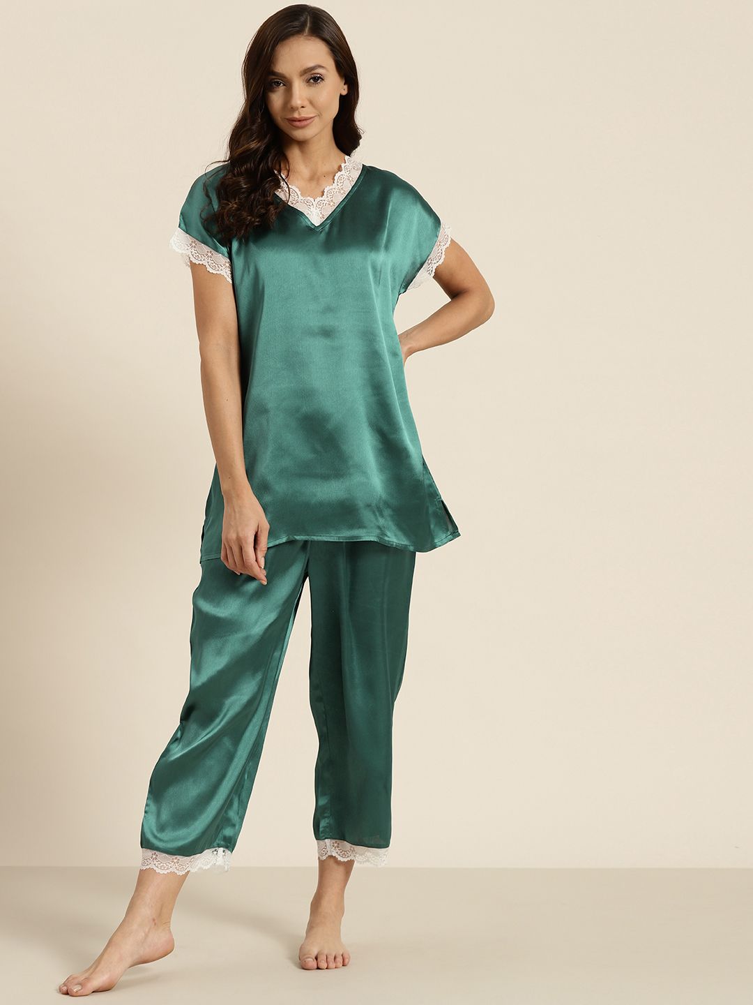 ADORENITE Women Green & White Satin Finish Cropped Pyjamas Set Price in India