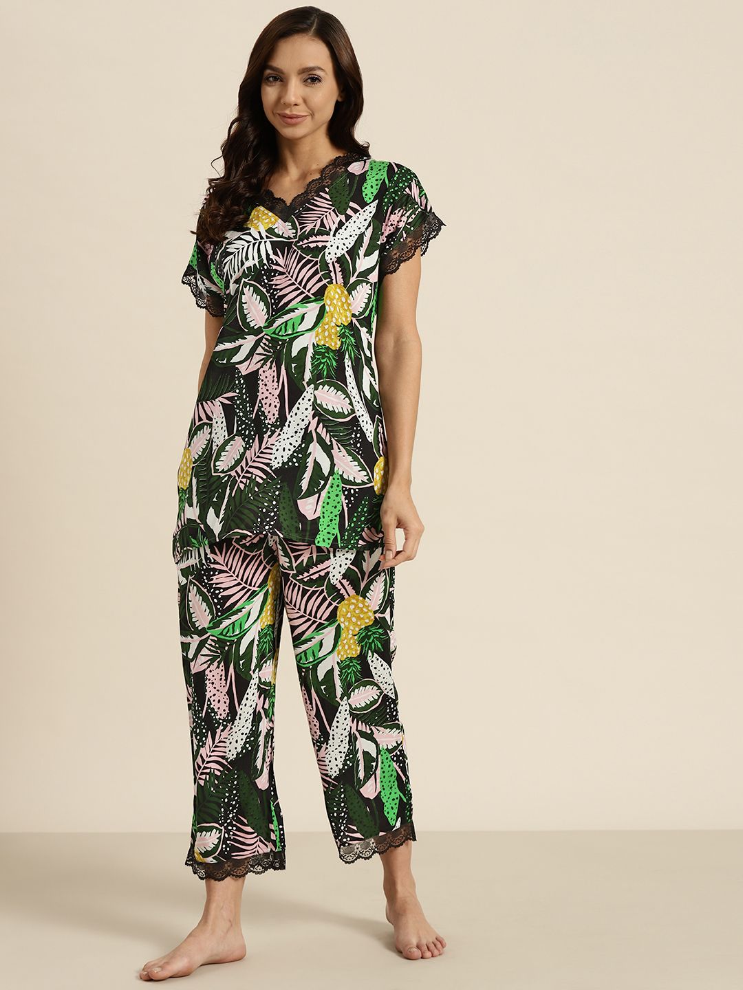 ADORENITE Women Black & Peach-Coloured Printed Cropped Pyjamas Set Price in India