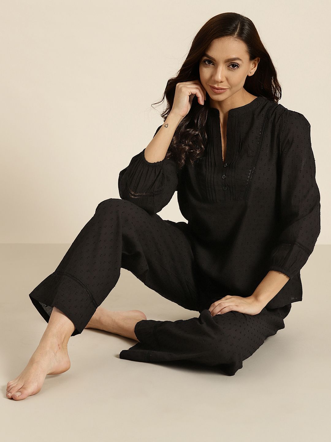 ADORENITE Women Black Solid Pure Cotton Pyjamas Set Price in India